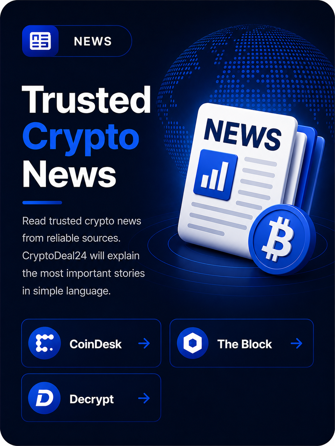Trusted crypto news links: CoinDesk, The Block, and Decrypt