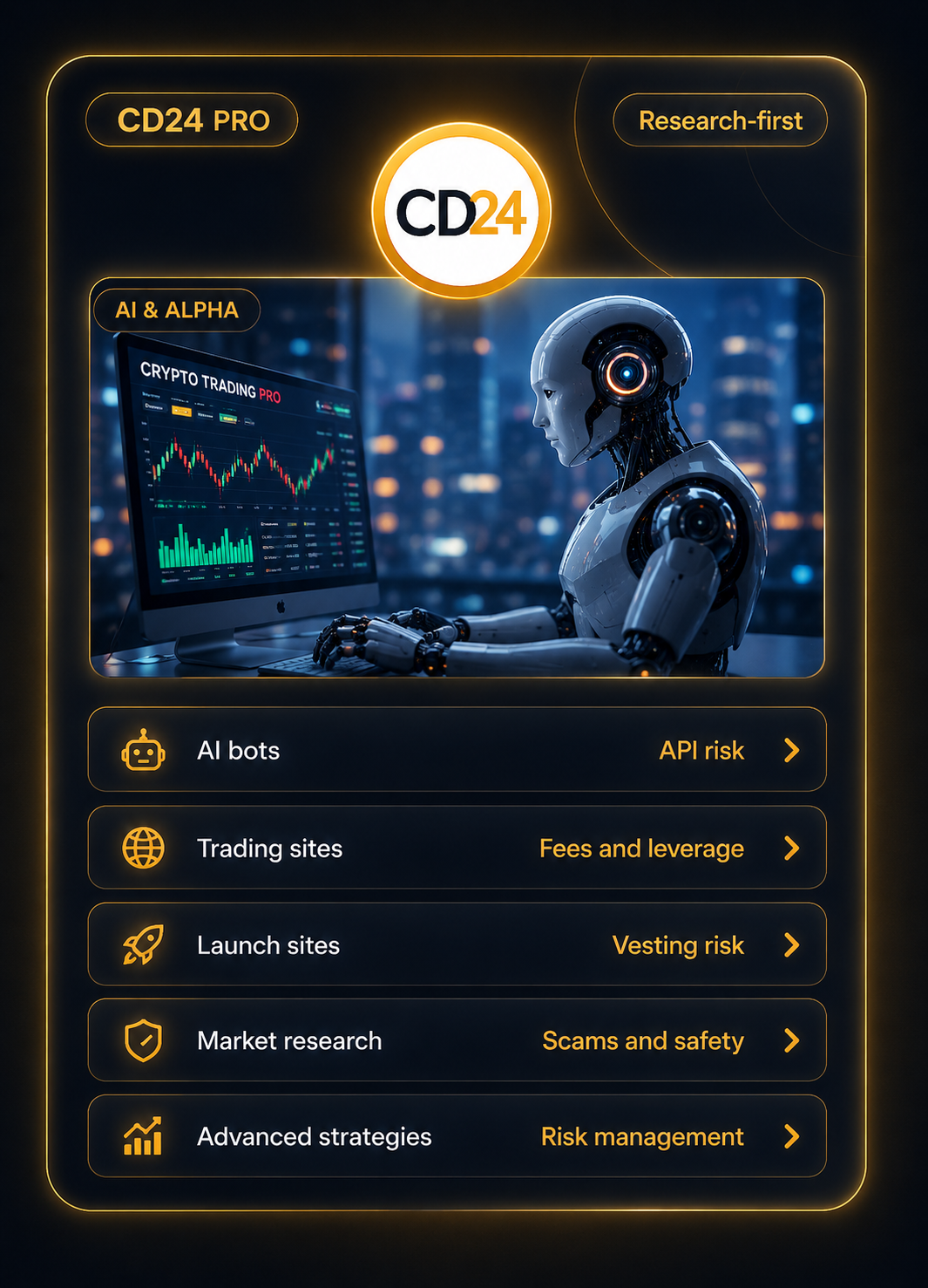CD24 Pro research-first card for AI bots, trading sites, and launch sites
